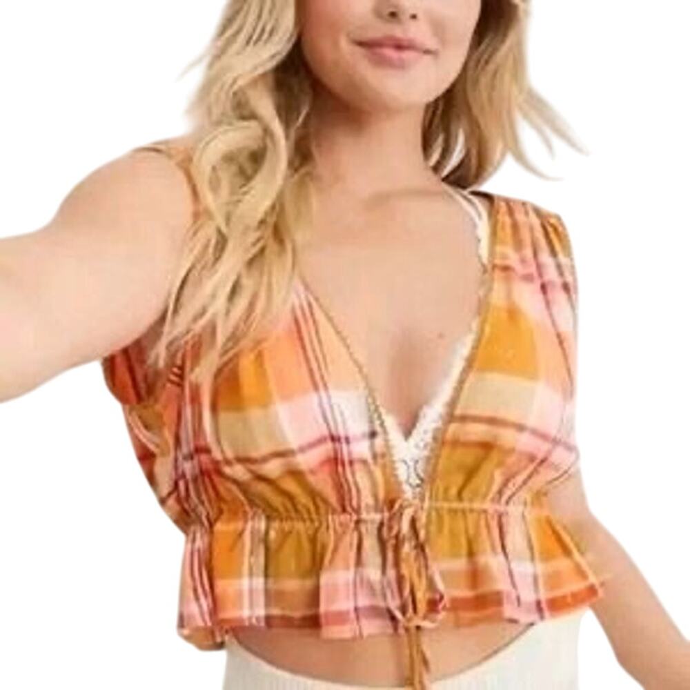 Aerie Plaid Tie Front Crop Cami Top Size L